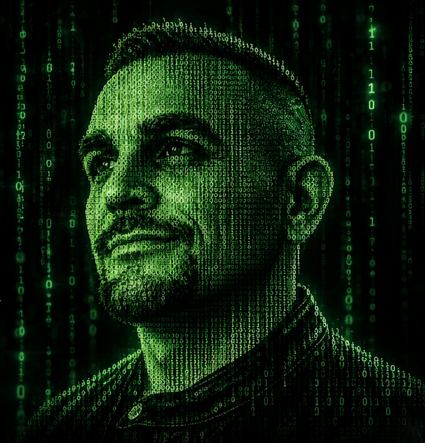 Portrét ADREXO zložený z binárneho kódu